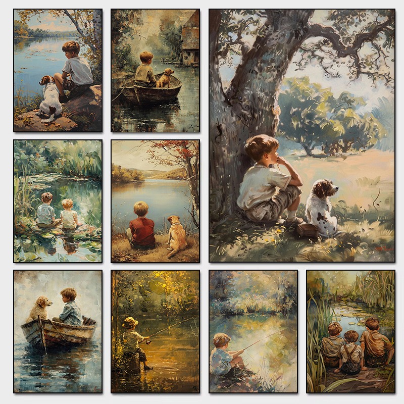 Outdoor Adventure For Kids - ヴィンテージボーイズルームアートポスター少年と犬アウトドアアドベンチャー絵画アンティーク農家キャンバスプリント装飾子供の寝室の保育園