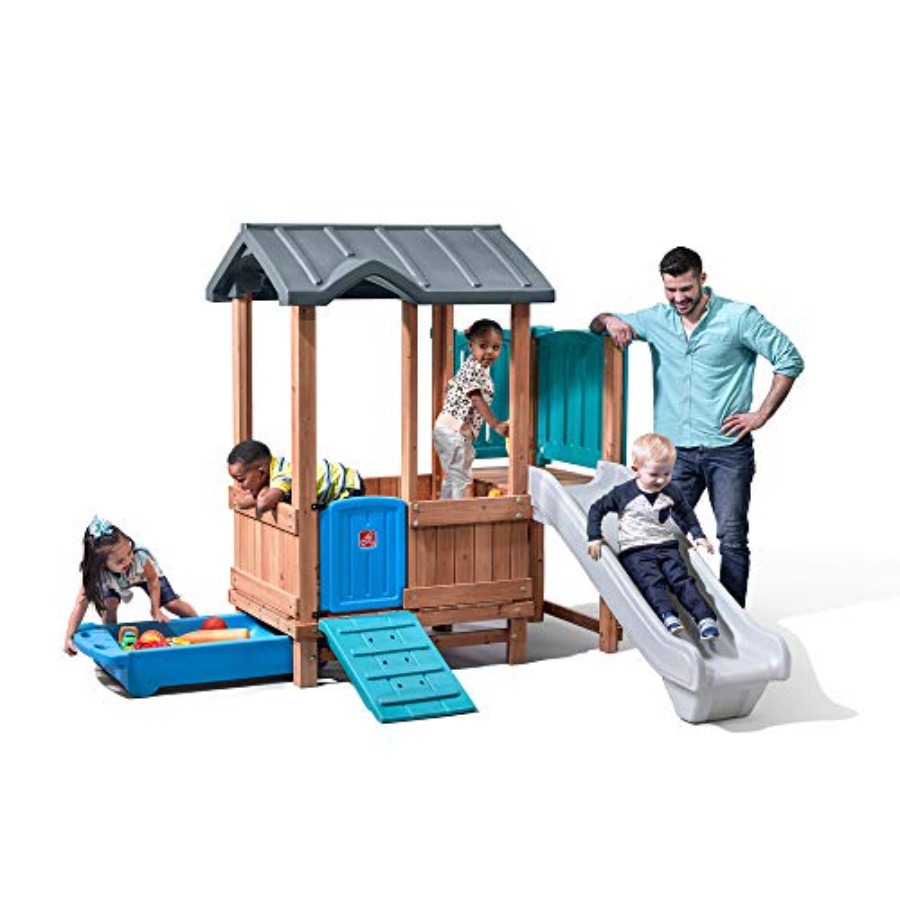 Outdoor Adventure For Kids - ウッドランドアドベンチャー プレイハウス＆スライド、子供用屋外遊具セット、裏庭遊具セット、ブランコ、収納引き出し、木製＆耐久性素材製