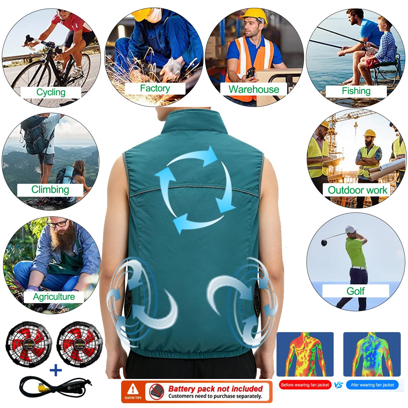12V 5V USB ノースリーブ冷却ファンベスト通気性エア - Outdoor Adventure Vest のレビューと価格