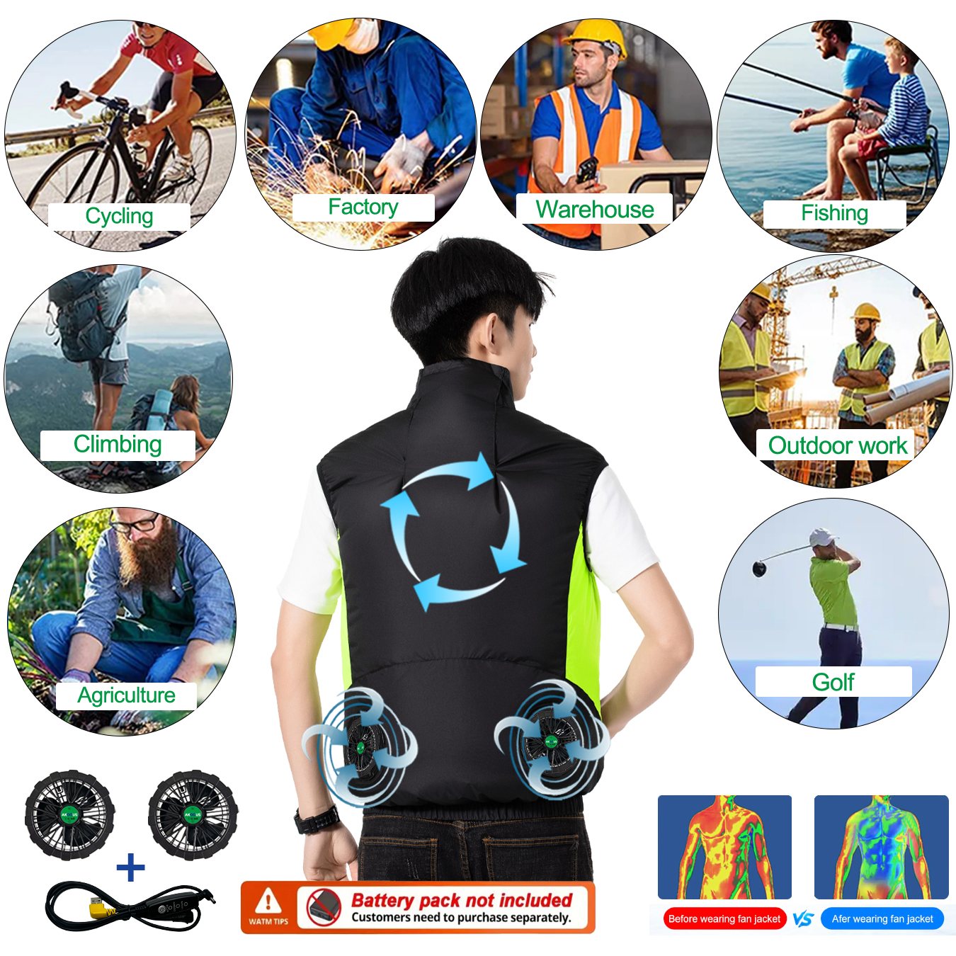 12V 5V USB冷却4ファンベスト メンズ 夏用アイス冷 - Outdoor Adventure Vest のレビューと価格